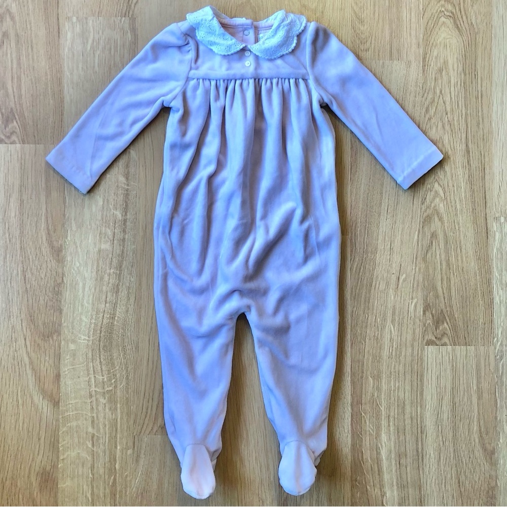EUC Ralph Lauren Baby Girl Bodysuit/Footie Pajamas-Pink Velour + Eyelet Collar